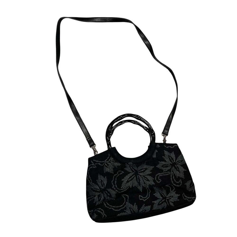 Forever Fossil Black Embroidered Hand Bag Crossbody Circle Handle